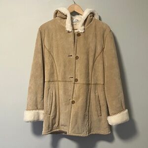 Marvin Richards Women's Tan Hooded Leather Coat with Faux Fur Trim